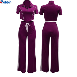 Conjunto de Dos Piezas de Alta Calidad, Pantalones Largos Casuales con Cierre Frontal y Top Corto de Punto con Cuello Alto y Mangas Cortas - Product Image 3