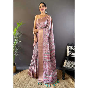 Sari de Seda Assam Lavanda con Estampado Kalamkari y Borde Tejido con Hilo Zari de 500g para Fiesta - Product Image 3