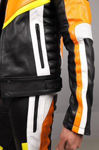 Blouson de sport en cuir pour homme, noir et orange, avec empiècements en peau d'agneau Chevron, col montant, fermeture éclair sur le devant, style course - Product Image 5