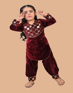 Conjunto de kurti de terciopelo de manga larga y salwar afgano - Color granate - Product Image 4