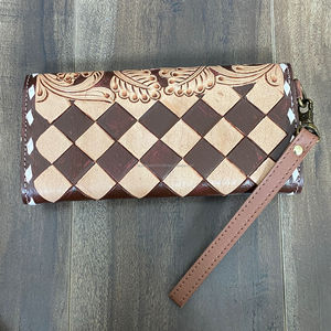Portefeuille long en cuir véritable à carreaux, style occidental, fait main, avec protection RFID, vente en gros, porte-cartes à poignet pour femmes, pochette - Product Image 5