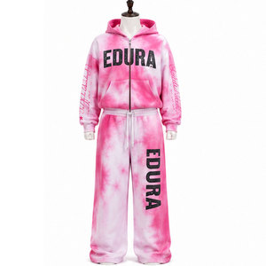 Custom Vintage High-Street Rhinestone Tracksuit Tie <b>Dye</b> <b>Spray</b> Wash Print Acid Wash Double Waistband Sweatpants Sweatsuit Set - Product Image 1