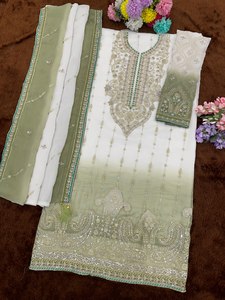 Salwar Kameez brodé blanc et vert dégradé pour femme avec dupatta, tenue traditionnelle indienne et pakistanaise, longueur ras du sol, coupe classique - Product Image 3