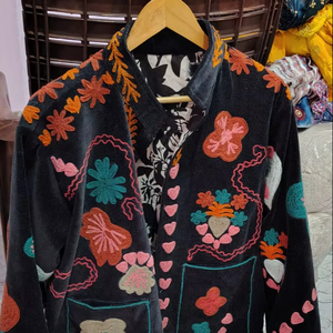 Handmade Suzani Embroidered Knitted Velvet Bomber <b>Jacket</b> Boho Reversible Letter Detail Vintage <b>Hippie</b> Winter Warm Eco-Friendly - Product Image 1