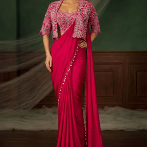 Sari en soie Creep prêt-à-porter, look de créateur exclusif, avec chemisier élégant, style tendance et moderne, tenue de soirée indienne modeste pour femme - Product Image 1