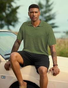 Polos de Hombre de Mezcla de Lana, Manga Corta, Cuello en V, Tejido de Punto, Polos Casuales de Verano - Product Image 4