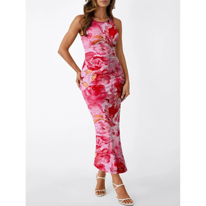 Vestido Maxi Ajustado Talla Grande para Mujer con Estampado Floral, Vestido de Fiesta y Club con Mangas Fruncidas y Abertura Lateral sin Mangas - Product Image 2