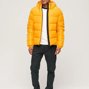 Men's Hooded Puffer Jacket Solid Yellow <b>Warm</b> Padded Insulated Winter Wear Lightweight Zipper Front Comfortable 100% Nylon - Product Image 1