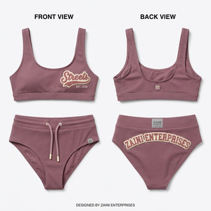 Ensemble bikini femme haut de gamme en tissu extensible polyester élasthanne 220 GSM, imprimé numérique violet, logo personnalisé, 1 pièce, taille haute, décolleté plongeant - Product Image 1