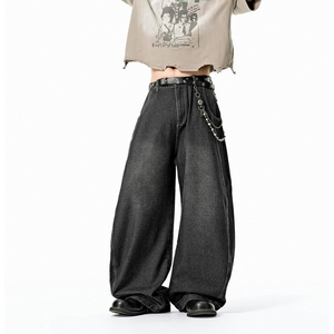 Jean en denim délavé foncé coupe large pour homme, style streetwear décontracté avec chaîne décorative, taille mi-haute, en coton, idéal pour l'automne - Product Image 6