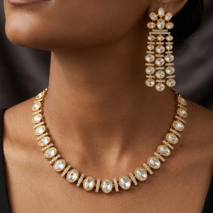 Elegant Artificial Moissanite <b>studded</b> Ethnic Gold Plated Choker Necklace Long Matching Drop <b>Earrings</b> Set for Women Anniversary - Product Image 1