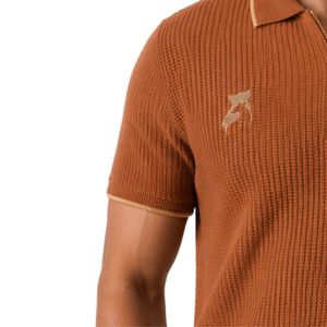 Brown <b>Orange</b> Men Knitted <b>Polo</b> Shirt Gold Zipper Short Sleeve Luxury Casual Textured Fabric Custom Logo Designer Golf Shirt OEM - Product Image 6