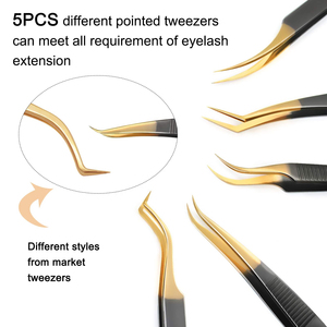 Ensemble de pinces à cils en acier inoxydable doré de qualité supérieure, 5 pièces, droites, courbées, pour extensions de cils, antidérapantes, pointe lisse - Product Image 3