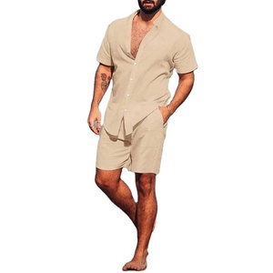 Conjunto de chándal de lino de lujo para hombre, camisas de manga corta con cuello levantado de Color sólido de verano, pantalones cortos, ropa de calle, traje de 2 piezas - Product Image 4