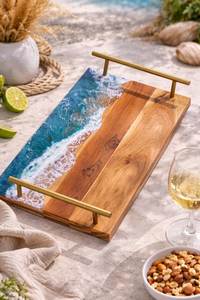 Handcrafted Ocean Wave Epoxy Resin Wooden <b>Serving</b> <b>Tray</b> with Metal Handles Luxury Design Wedding Gift <b>Gold</b> - Product Image 3
