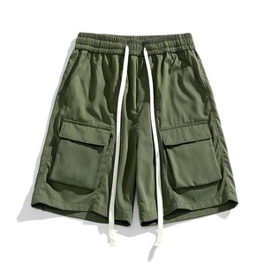 Shorts cargo pour homme, taille mi-haute, cordon de serrage, couleur unie, toile, décontracté, respirant, avec poches, longueur Bermuda, 100% coton - Product Image 4