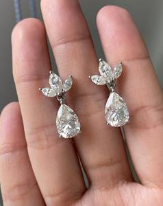 925 <b>Silver</b> Pear Cut Diamond Drop <b>Earrings</b> Flower Design Claw Setting Classic Women's <b>Wedding</b> Jewelry - Product Image 2