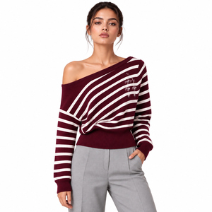 Pull asymétrique rayé imprimé vintage pour femme, col dégagé, manches longues, idéal pour le printemps et les tenues décontractées - Product Image 1
