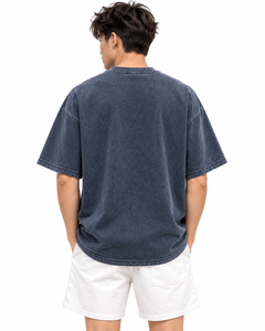 T-shirt unisexe surdimensionné bleu marine délavé à l'acide 240 GSM 100 % coton, avec logo sur la poitrine gauche, style vintage, vente en gros personnalisée - Product Image 2