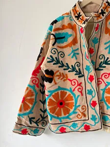 Luxury Champagne <b>Velvet</b> Floral Embroidered Suzani <b>Jacket</b> Full Sleeve Stand Collar Bohemian <b>Women's</b> Spring Outerwear - Product Image 5