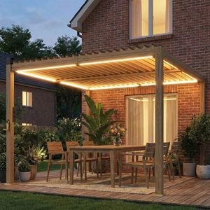 Pérgola Marrón con 10 x 10 Paneles de Celosía, Luces LED Solares, Techo Metálico y Canaletas de Drenaje, Gazebo para Patio Exterior y Refugio - Product Image 2