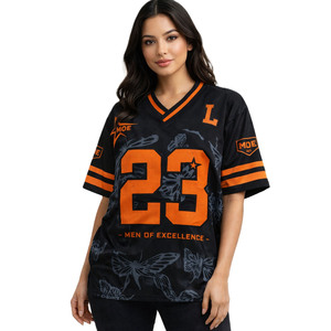Maillot de football américain imprimé papillon pour femme, maillot de sport oversize en maille noire avec numéro orange pour homme, style hip-hop streetwear - Product Image 1