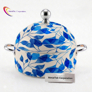 Luxury 3Pc Stainless Steel Casserole Set Blue Floral Arabian Style Insulated Hot Pot Food Warmer Serving Dish Customized Colours - Product Image 2