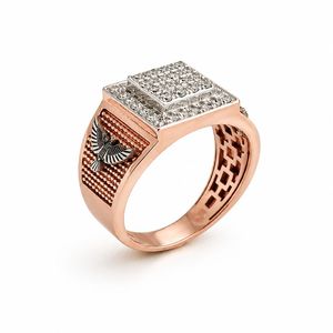 14K Gold Square Cluster Diamond <b>Ring</b> for <b>Men</b> Eagle Motif Textured Side Hip Hop Statement Design Polished Finish Wedding Party - Product Image 2