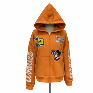 Sudadera con capucha naranja para hombre de alta calidad, con cremallera, logotipos bordados personalizados, estilo urbano, de algodón tejido, corte regular. - Product Image 1