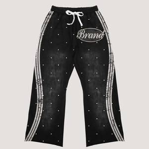 ชุดเซ็ตเสื้อฮู้ดซิปแต่งโลโก้แบบกำหนดเองสำหรับผู้ชาย สไตล์สตรีทแวร์ Y2K วินเทจ ประดับคริสตัล กางเกงขาบาน ผ้าฟลีซหนานุ่ม ชุดสองชิ้น - Product Image 6