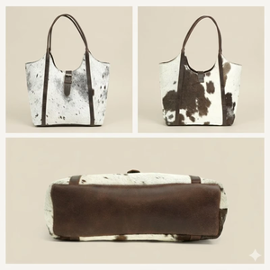<b>Zippered</b> Hair On Hide Leather <b>Tote</b> <b>Bag</b> Genuine Leather Vintage Large Capacity Shoulder <b>Bag</b> - Product Image 2