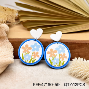 Orecchini con disegni floreali, cornice rotonda blu, ciondolo a forma di cuore, gioielli di moda da donna, 12 pezzi - Product Image 3