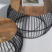 Ensemble de table basse ronde en bois de manguier Vandana Zenova Novara avec base en métal pour un décor moderne