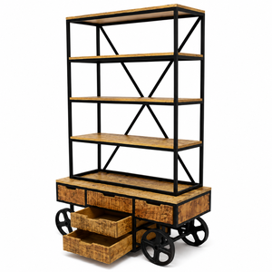 Industrial Modern Eco-Friendly Mango Wood & Metal <b>Bookcase</b> Drawers Caster Wheels 3 Shelves-Multifunctional Living Room Storage - Product Image 2