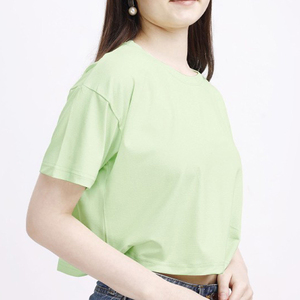 เสื้อยืดครอปแขนสั้นผู้หญิง คอทรงกลม ไหล่ตก  รับสกรีนโลโก้ เสื้อยืดลำลองสีพื้นเรียบง่ายสำหรับฤดูร้อน - Product Image 3