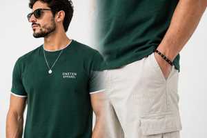 T-shirt à manches courtes pour homme, vert foncé, col rond, avec bordure blanche contrastée - Product Image 4