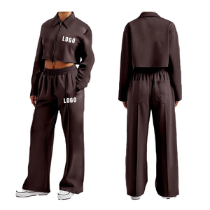 Best Selling Women's Training Crop Tracksuit 2-Piece Turn <b>Down</b> Collar Shirt Straight <b>Pant</b> Winter Running Wear Fashionable OEM - Product Image 2