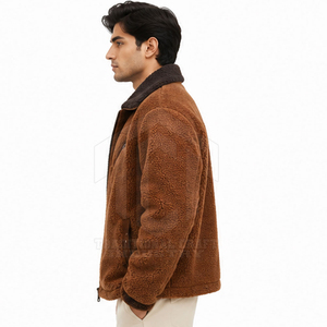 Custom <b>Mens</b> Brown <b>Sherpa</b> <b>Fleece</b> Jacket Faux Shearling Lining 300g Dark Contrast Collar Full Zip Chest Pocket Casual Winter Coat - Product Image 6