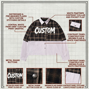 Custom Plaid Long Sleeve Shirt <b>Men</b> Streetwear Oversized Fit Contrast Trim White Dripping Print Front - Product Image 6