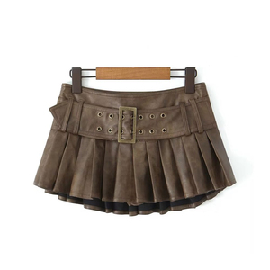 Jupe courte plissée en cuir PU marron pour femme, taille normale, couleur unie, à porter toute l'année - Product Image 1