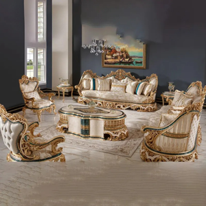 Ensemble de canapés sectionnels de luxe de style villa royale européenne, en bois d'acajou sculpté à la main, avec revêtement en tissu écologique - Product Image 1