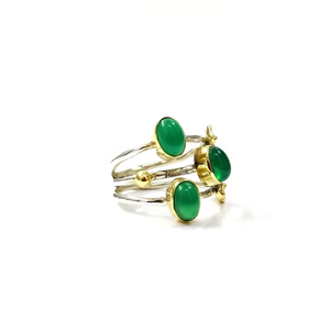Multi Sterling Silver Band <b>Ring</b> With Three Green Onyx Gemstones Floral Pattern <b>Unique</b> Design Jewelry For Women - Product Image 2