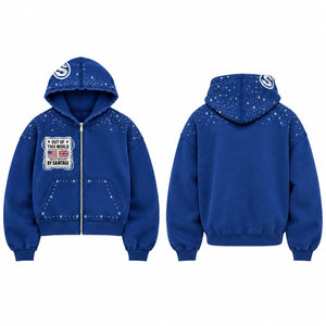 Sweat à capuche zippé unisexe en polaire bleu, imprimé Out Of This World, coupe oversize décontractée avec poches - Product Image 1