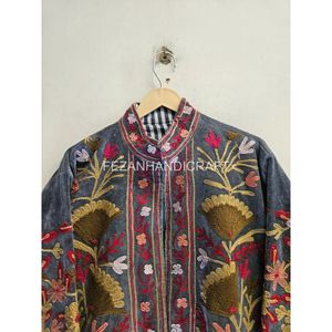Chaqueta de Algodón Bordada para Mujer, Cuello Mandarín, Estampado Floral, Hecha a Mano, para Otoño, Manga Larga, Largo Regular - Product Image 4