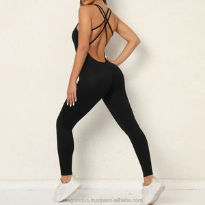 Mono de yoga para mujer, sin espalda, de 2 piezas, para entrenamiento, fitness, gimnasio, sin mangas, ajustado, ropa deportiva, color liso, cintura alta - Product Image 4