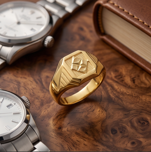 DIVYORO แหวนลายตารางเคลือบทอง 22k สำหรับผู้ชาย - Product Image 2