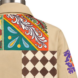 Chaqueta de Trabajo Color Caqui con Mosaico, Estampado Floral, Cierre de Botones, Estilo Casual, con Bolsillos, Diseño Artístico - Product Image 6