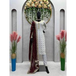 ATTRACTIVE GEORGETTE THREAD SEQUENCE WORK <b>TOP</b> BOTTOM WITH DUPATTA <b>MAROON</b> - Product Image 1