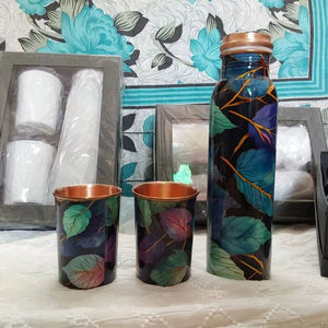 Leaf Printed Copper Water <b>Bottle</b> with Glass Designer Ayurvedic Drinking <b>Bottle</b> Reusable Copper <b>Flask</b> Set - Product Image 1