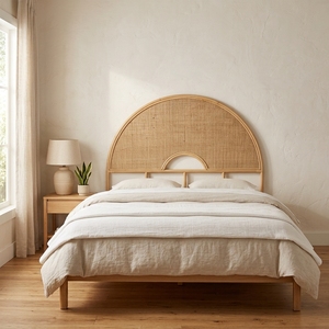 Cabecera de Cama Moderna y Minimalista, Arqueada, de Ratán y Madera Ecológica, Tapizada en Microfibra Marrón, Duradera, Personalizable - Product Image 2